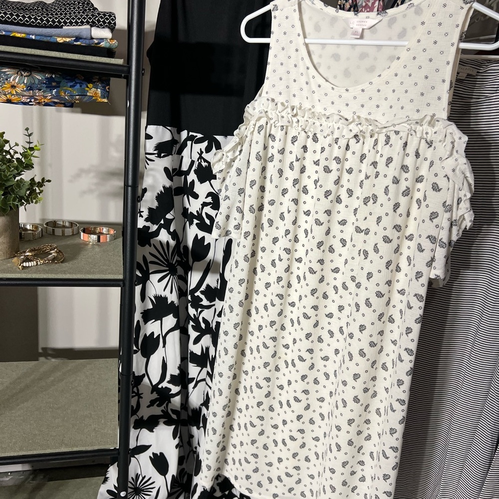 LC Lauren Conrad White Dress with Black Floral Accents